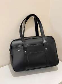 正式简约时尚 OL 托特包，女士 PU 皮革手提包，纯色个性化大容量单肩包，适合工作 - 黑色 - 查看 4