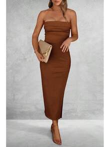 Women's Summer Bodycon Maxi Tube Dress Ribbed Strapless Side Slit Long Going Out Casual Elegant Party DressesHalloween Christmas New Year - 棕色 - 查看 7