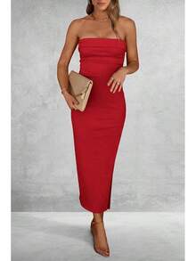 Women's Summer Bodycon Maxi Tube Dress Ribbed Strapless Side Slit Long Going Out Casual Elegant Party DressesHalloween Christmas New Year - 紅色 - 查看 8