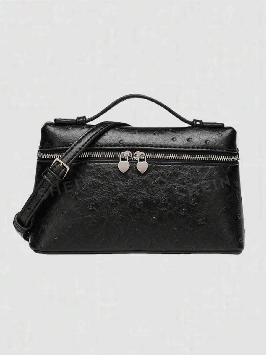 1 pieza Bolso bandolera cuadrado de unicolor con textura de avestruz de PU, adecuado para combinar con la moda diaria y salidas de las mujeres - Negro - Ver 1