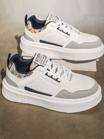 男士圆头平底系带休闲鞋，时尚舒适防滑户外滑板鞋