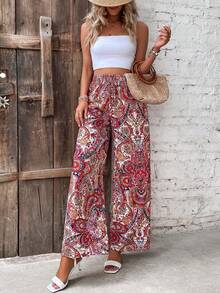 Women's High-Waisted Wide-Leg Pants, Summer Fashion, Versatile, Printed, Elastic, Casual, Suitable For Beach Dates - 紅色 - 查看 3