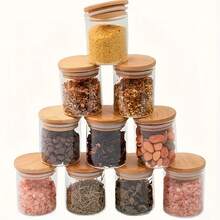 4-6-12pcs/Set Small Capacity Glass Jars With Lids, Glass Containers For Tea, Coffee, Sugar, Food Storage, Spice, Cookies, Kitchen Accessories, Airtight & Moisture-Proof Containers For Organized Kitchen Countertop And Pantry, Transparent Food Storage Containers With Wooden Lids