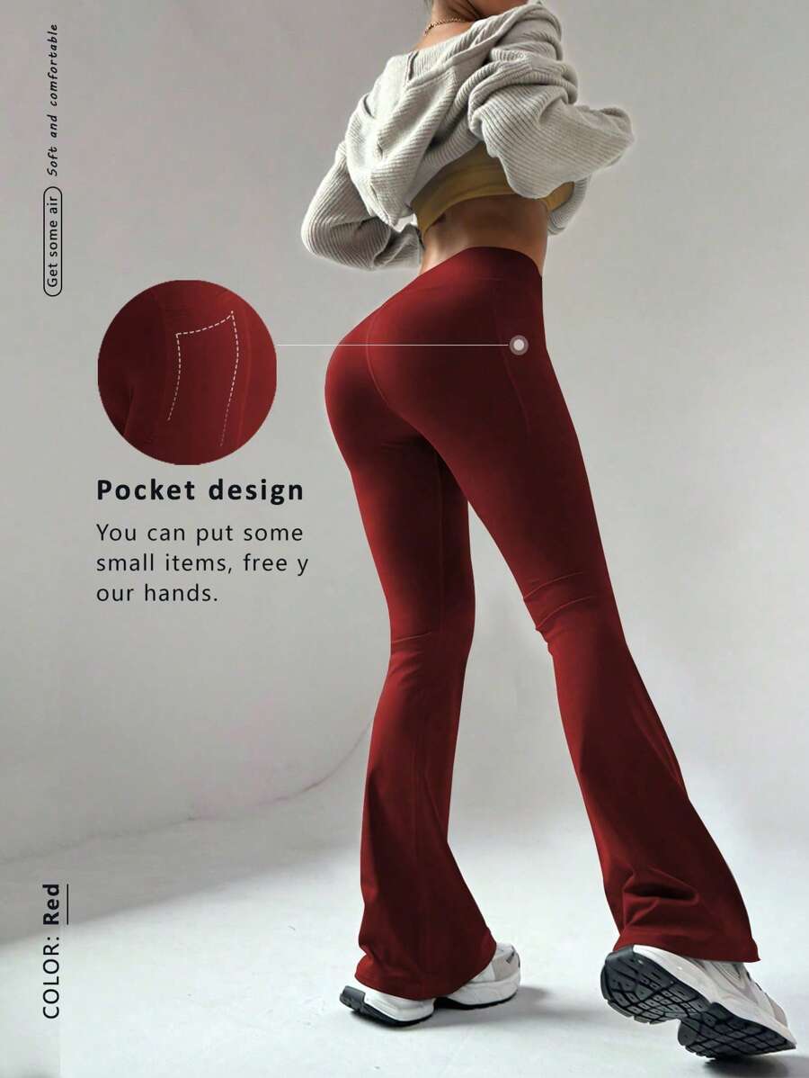 FWH 高腰显瘦喇叭裤，带隐藏口袋，功能性运动款 | 复古街头风，健身必备，收腰提臀，防滑腰带+隐藏口袋 | 适合瑜伽和日常穿着，高腰喇叭瑜伽紧身裤适合各种体型，复古时尚街头风 - 紅色 - 查看 1