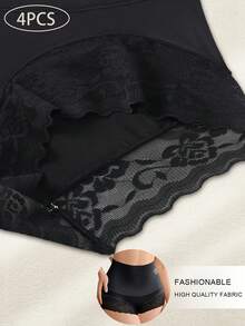 4-Pack Black High-Waisted Lace Panties - Tummy Control, Hip Lift, Breathable Seamless Design, Luxurious Ice Silk Fabric With Floral Lace Details, Comfortable Everyday Wear For Women, Everyday Wear Panties|Elegant Underwear|Elastic And Comfortable, Cute Underwear - 黑色 - 查看 6