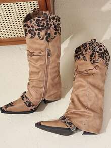 Western Cowboy Boots With Leopard Print Patchwork, Casual Vintage Outdoor Fabric Strap Riding Boots - Brown - View 5