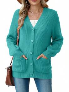Women Chunky Knit Cardigan Sweater Long Sleeve Button Up Cardigan With Pocket Sweater Coat Fall And Winter, Fashionable Knitwear SLK8 - 藍綠色 - 查看 4