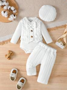 Conjunto de 3 piezas para bautizo de niño: body de manga larga con chaleco de punto trenzado de solapa + pantalones + gorro, traje lindo para ceremonia de bautizo