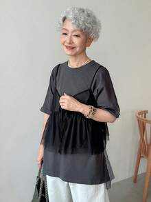 FRIFUL Áo hai dây lưới ôm vừa vặn không tay, phối ren, viền nhún bèo cho mùa hè - màu đen - Xem 6