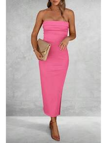 Women's Summer Bodycon Maxi Tube Dress Ribbed Strapless Side Slit Long Going Out Casual Elegant Party DressesHalloween Christmas New Year - 玫瑰粉紅 - 查看 7