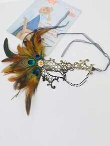 Premium Halloween Bestselling Rhinestone Decorated Artificial Feather One-Eye Half Face Mask With Chain, Masquerade Party Costume Prop