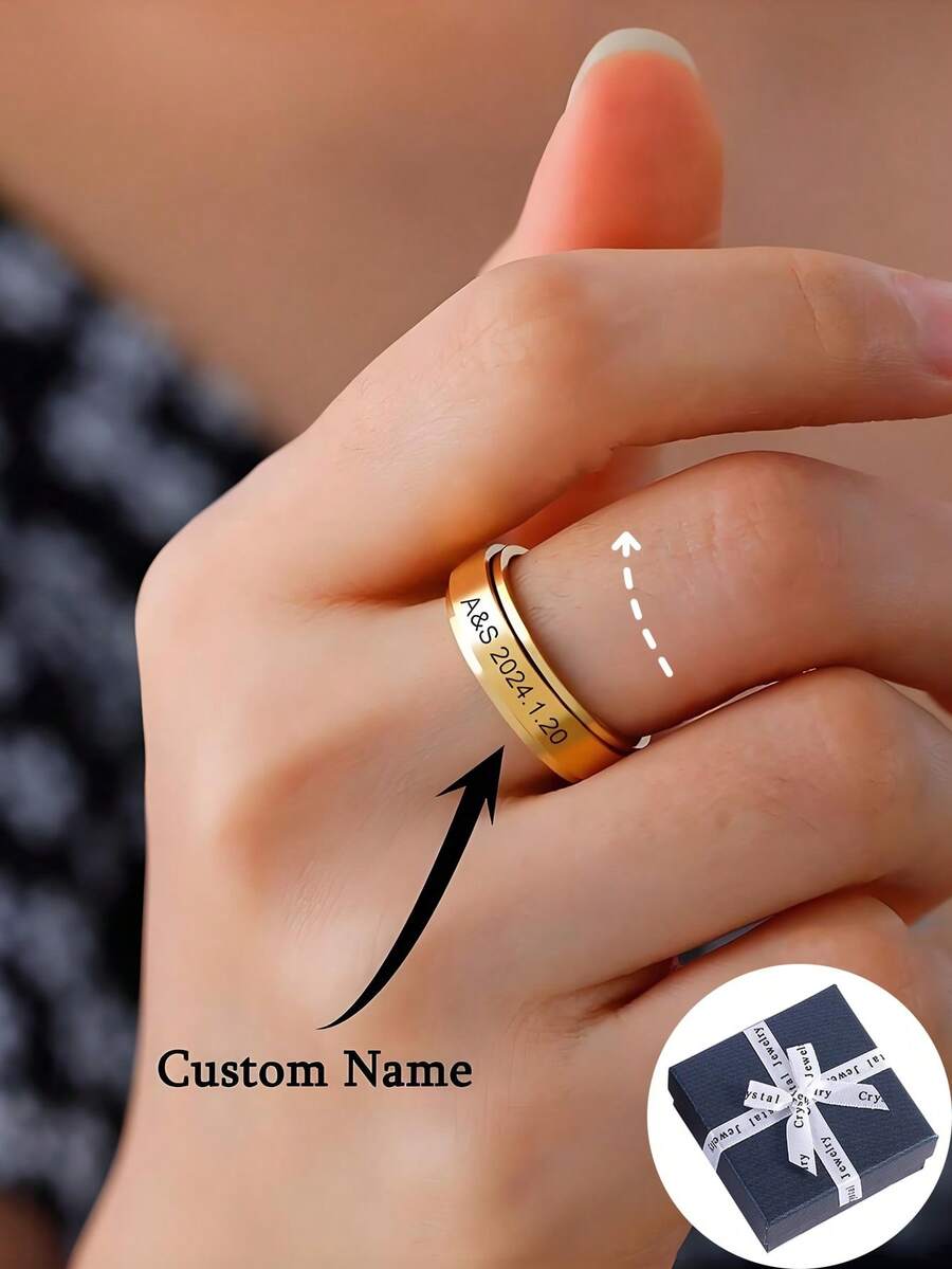 6mm Stainless Steel Personalized Spinner Ring, Unisex Custom Engraved Couple Rings, Engagement Wedding Gift, Stress Relief Jewelry - Gold - View 1