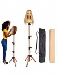 55 Inch Adjustable Aluminum Wig Stand Tripod With Rotatable Metal Head, Heavy Duty Wig Display Stand For Hairstyling And Exhibition - Multicolor - View 7