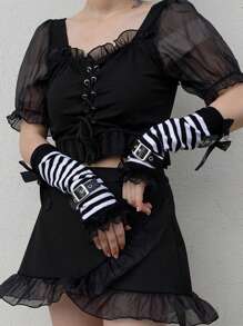 1 双 - Y2K 亚文化黑白条纹蕾丝袖套，洛丽塔甜美酷炫 JK 袖套，夏季薄款朋克风 - 蝴蝶結卡扣袖套 - 查看 8