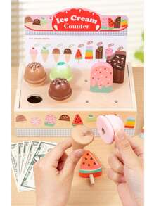 儿童仿真过家家冰淇淋店食堂收银柜台角色扮演木制玩具早教互动过家家玩具