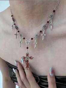 复古哥特式深色 Y2K 哥特红十字心形多层串珠项链，蝙蝠十字甜美朋克风格项链配饰女士