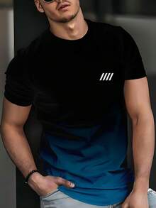 黑色和灰色渐变圆领休闲 T 恤，男士简约四条纹印花透气短袖上衣 - 彩色 - 查看 3