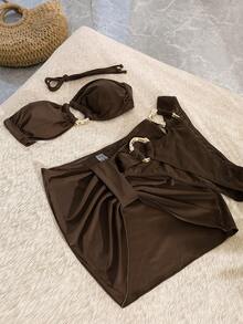 Summer Sexy Solid Color Buckle Backless Bikini Swimsuit Set, For Beach And Holiday Vacation - Coffee Brown - View 2