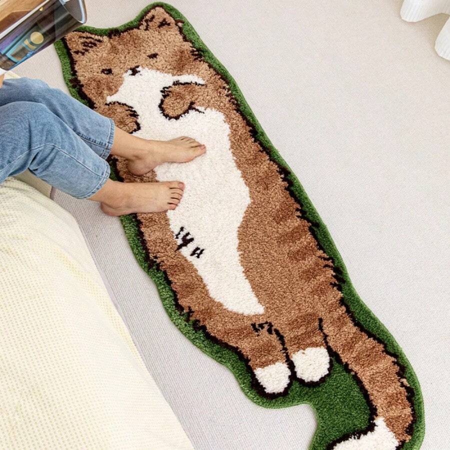 Living Room, Bedroom 160 Cm *50 Cm Cat Shaped Non-Slip Comfortable Carpet. Knit Velvet Washable (Yellow Cat Mat) - 綠色 - 查看 1