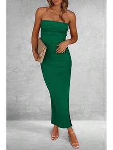 Women's Summer Bodycon Maxi Tube Dress Ribbed Strapless Side Slit Long Going Out Casual Elegant Party DressesHalloween Christmas New Year - 綠色 - 查看 6