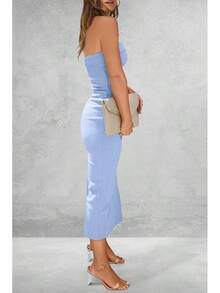 Women's Summer Bodycon Maxi Tube Dress Ribbed Strapless Side Slit Long Going Out Casual Elegant Party DressesHalloween Christmas New Year - 淺藍色 - 查看 2