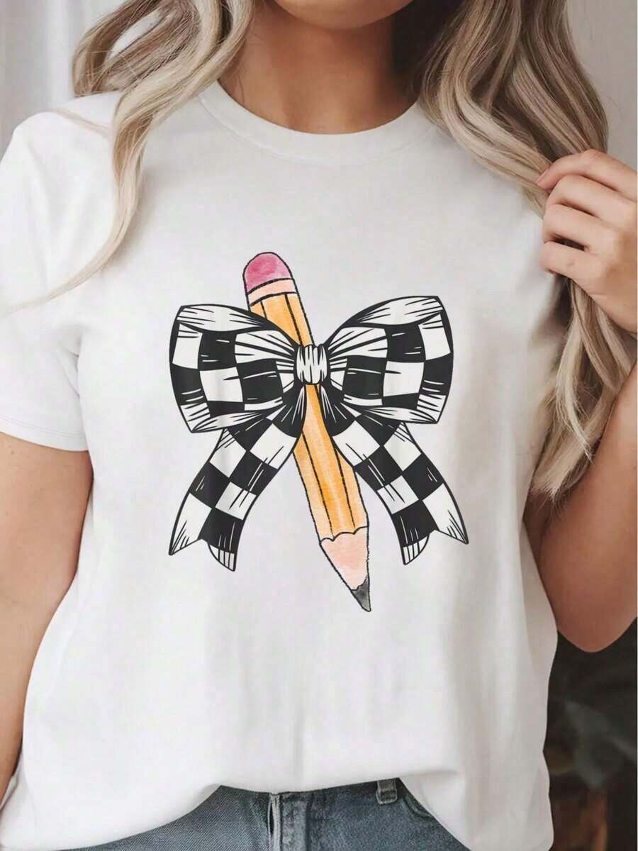 Back To School Day Checkerboard Coquette Bow Pencil Motivate T-Shirt Graphic Print Solid T-Shirt, Women's Casual Short Sleeve Top For Spring & Summer, Women Graphic T-Shirts - trắng - Xem 1