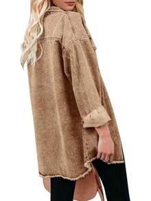 Vetinee Women's Oversized Button Up Frayed Hem Shacket Long Sleeve Pockets Denim Jean Jacket - 杏仁棕 - 查看 2