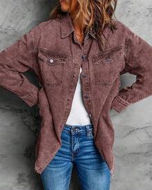 Vetinee Women's Oversized Button Up Frayed Hem Shacket Long Sleeve Pockets Denim Jean Jacket - 棕色石 - 查看 3