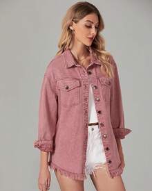 Vetinee Women's Oversized Button Up Frayed Hem Shacket Long Sleeve Pockets Denim Jean Jacket - Faded Rose - 查看 4