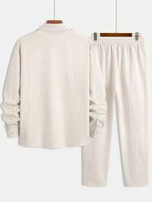 Herren Lässig Einfarbiges Set mit Hemd mit Umlegekragen und Langarm, durchgehend offen, mit Tunnelzug an der Taille und Hose, 2-teiliger Anzug, vielseitig und essentiell für Business-Outfit, Herbstkleidung, gemütliche Outfits