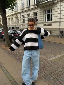 Áo len nữ Senya cổ tròn dáng rộng, tay dài, phối màu kẻ sọc, kiểu dáng thoải mái, đa năng, thích hợp mặc đi làm hàng ngày, mùa thu/đông. - Đen và trắng - Xem 5