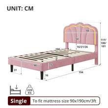 Flieks 3ft Single Upholstered Bed With LED Adjustable Shell Shape Headboard, Soft Velvet Bed Frame With Solid Wood Slat, No Box Spring Needed, Easy Assembly (No Mattress) - Pink - View 2