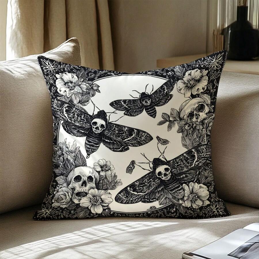 MEMNUN 1件黑白骷髅蛾花卉印花涤纶装饰抱枕套（不含枕芯），尺寸：17.7*17.7英寸（45*45厘米）/19.69*19.69英寸（50*50厘米）/15.75*15.75英寸（40*40厘米），[单面印花] 家居装饰、卧室装饰、房间装饰用品，适用于沙发、床、客厅、卧室、汽车、办公室、酒店等场所，四季皆宜，是馈赠亲朋好友的完美礼物。
