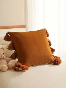 1个棕色可爱波西米亚风装饰抱枕套，带手工流苏，柔软天鹅绒纯色方形抱枕套，适合室内外使用，可水洗，家居装饰，沙发椅垫，婚礼生日派对用品，节日装饰，四季皆宜（不含枕芯） - 棕色 - 查看 8