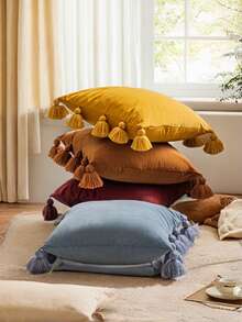 1个棕色可爱波西米亚风装饰抱枕套，带手工流苏，柔软天鹅绒纯色方形抱枕套，适合室内外使用，可水洗，家居装饰，沙发椅垫，婚礼生日派对用品，节日装饰，四季皆宜（不含枕芯） - 棕色 - 查看 7