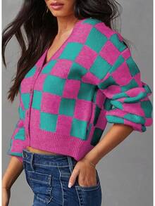 Women's Checkered Button Down Long Sleeve Knit Cropped Cardigan Sweater Tops, Style - Rose - View 3