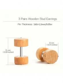 1-3对木质耳钉，杠铃式木质耳环，男士木质耳环，圣诞节、新年、情人节节日礼物 - 彩色 - 查看 6