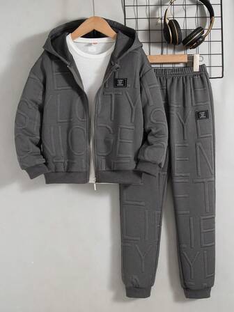 2 件男童休闲纯色拉链连帽衫夹克和裤子套装，宽松长袖服装，适合春秋季