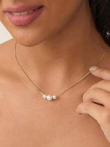 1pc Elegant Women's Jewelry New Minimalist Niche 3 Pearl Necklace, Elegant Versatile Clavicle Chain, Fashionable Simple Versatile Necklace Suitable For Daily Wear - Yellow Gold - View 5