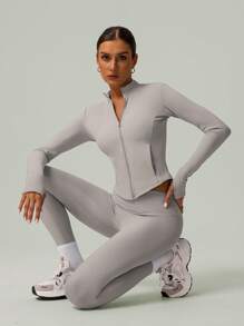 GOSOUER 2 PCS Co Ord Set Women's Classic Light Fleece Warm Outdoor Sports Jacket With Butt Lifting Yoga Legging For Winter Autumn - Grey - View 7