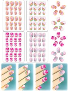 96pcs/Set Kids Press-On Nails Acrylic False Nails Pre-Glued Full Cover Glitter Cute Complex Colors Polka Dots, Zebra Stripes, Rainbow Stripes, Fish Scales And Other Elements Short Kids Stick-On False Nails Set For Kids Little Girls - Cute Texture Theme