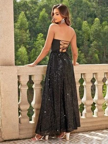 Joyfunear Women's Solid Color Sequin Patchwork Slit Dress, Elegant And Glamorous, Suitable For Parties, Galas, And Banquets