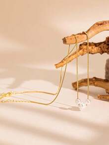 1pc Elegant Women's Jewelry New Minimalist Niche 3 Pearl Necklace, Elegant Versatile Clavicle Chain, Fashionable Simple Versatile Necklace Suitable For Daily Wear - Yellow Gold - View 3