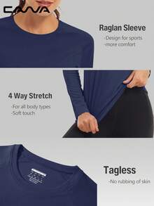 Cavva 女式夏季 UPF50+ 速干吸湿排汗长袖上衣 100% 涤纶 轻盈透气 圆领 修身 女士插肩袖 休闲户外 - 藏蓝色 - 查看 4