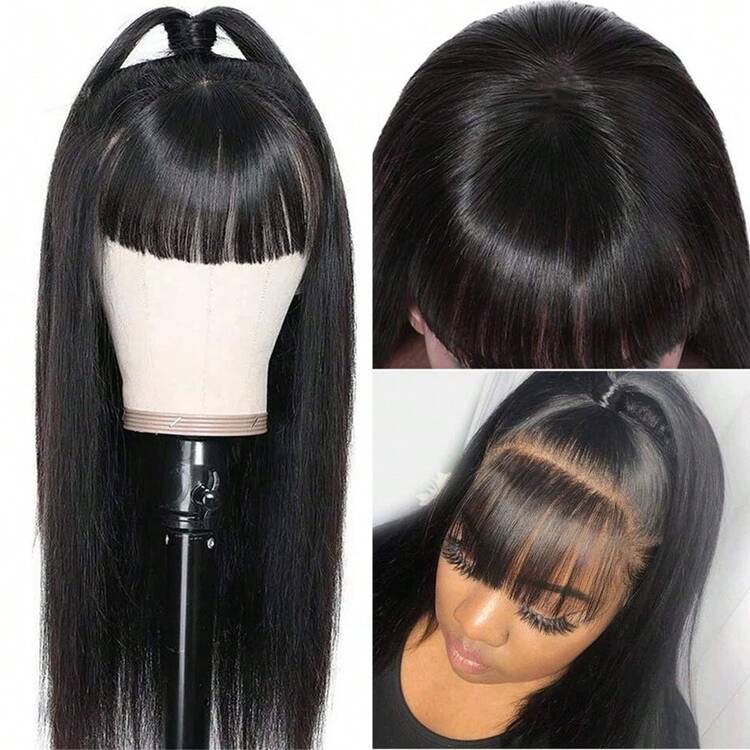 200 Density 34inch Wigs Human Hair Long Straight Wig With Bangs Peruvian Hair Wigs Glueless Machine Made Wig Silky Straight Human Hair Bang Wigs Machine Made For Women, Versatile Style For All Ethnicities - Natural Color - View 5