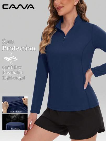 Cavva Women's UPF50+ Sun Protection Long Sleeve Shirt Moisture-Wicking Lightweight Breathable Half-Zip Front Princess Seam Figure-Flattering Design Hiking Golf Running