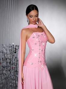 Bộ váy dài thướt tha hở lưng, đính đá lấp lánh thủ công, cổ yếm, dây ruy băng, tôn dáng dành cho nữ, thích hợp cho các buổi tiệc tối trang trọng, đám cưới và lễ hội. - Hồng - Xem 8