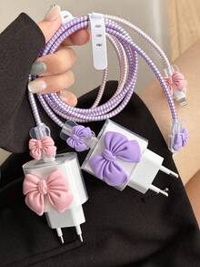 5pcs/Set Bow-Knot Design [European Version 20W Charger Protector] Clear Charging Port Cover & Anti-Break Cable Protector For IPhone11/12 13/14/15/16 Pro Max/Plus | 2-In-1 Protective Case Combo