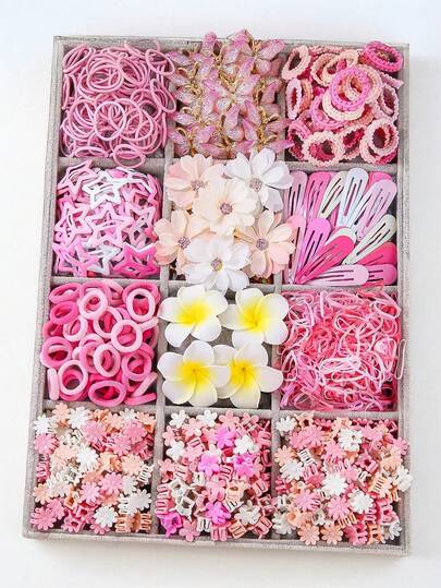 870 件/套儿童粉色菊花和蝴蝶花可爱公主发夹、发带、头带、毛巾环、BB 夹、女孩发饰组合套装、日常使用