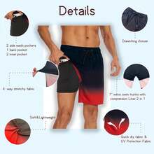 Mens Swim Trunks With Compression Liner Inch Inseam Quick Dry 2 In 1 Beach Board Shorts With Pockets S-3XLA Valentine's Day 9FML - C Gradient Red - View 3